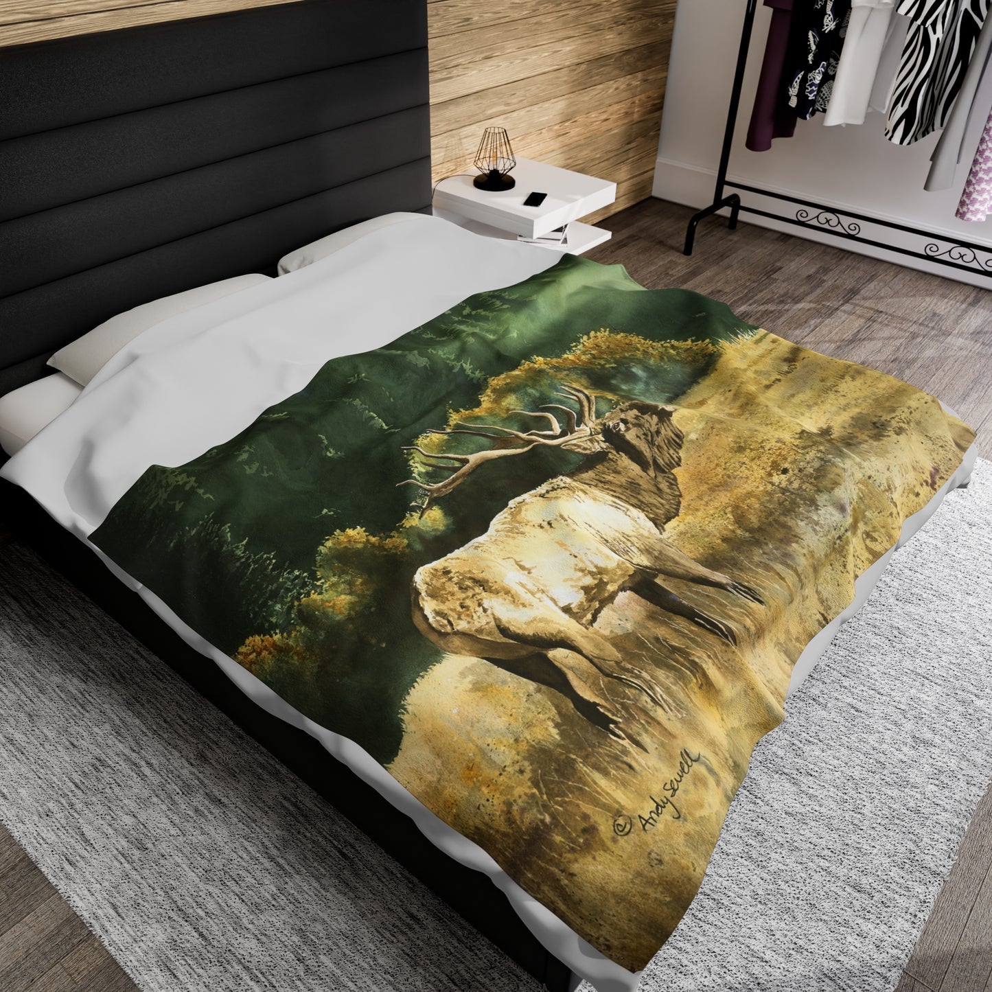 Plush Blanket - Misty Morning Bull Elk Watercolor Painting