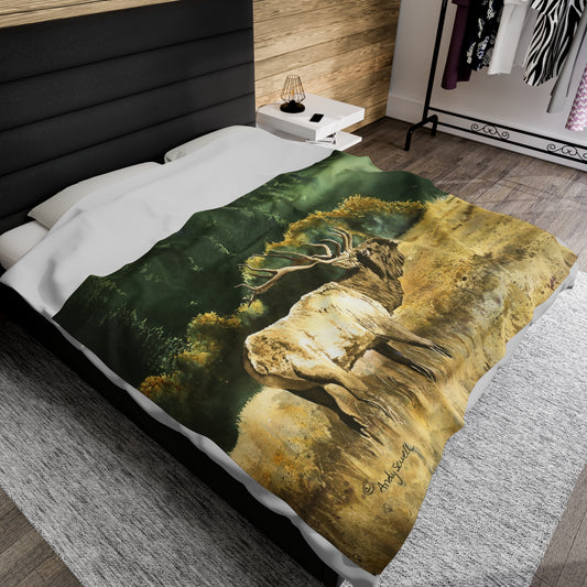 Plush Blanket - Misty Morning Bull Elk Watercolor Painting