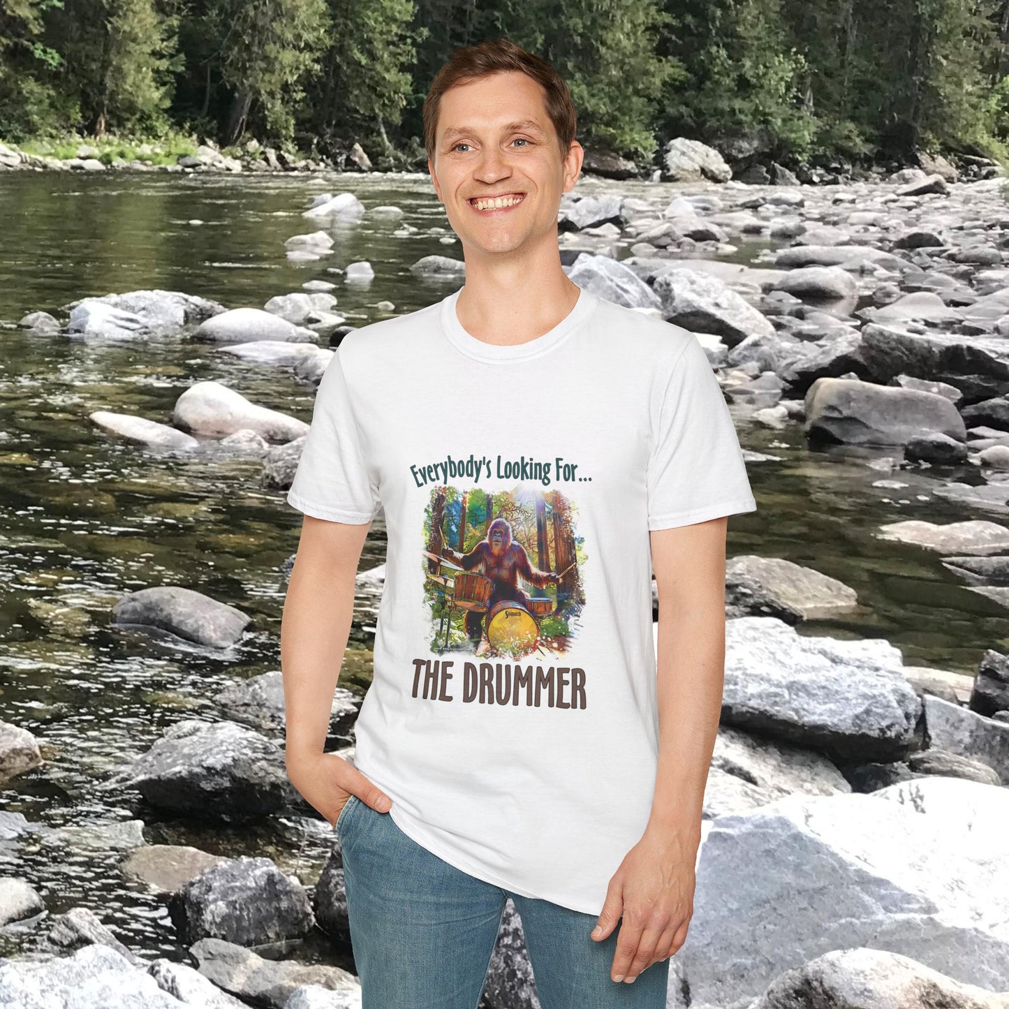 Sasquatch Drummer T-Shirt, Drumming Bigfoot Shirt, Sasquatch with Drums, gift for Bigfoot lover, gift for drummer