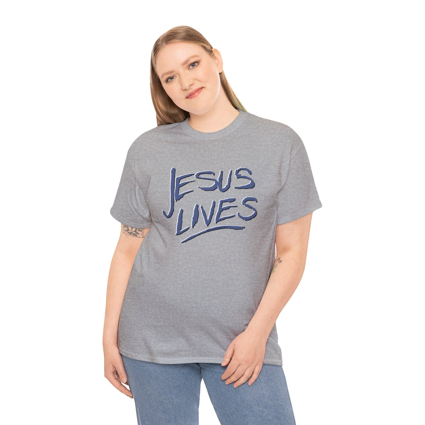 "Jesus Lives" T-shirt on front.