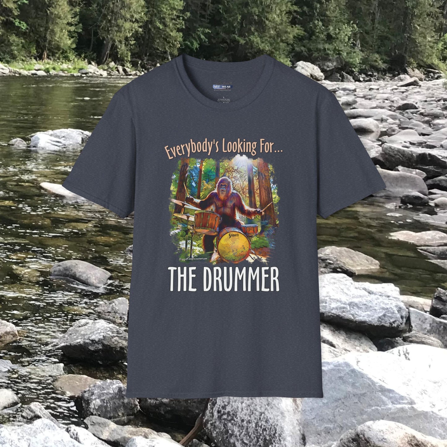 Sasquatch Drummer T-Shirt, Drumming Bigfoot Shirt, Sasquatch with Drums, gift for Bigfoot lover, gift for drummer