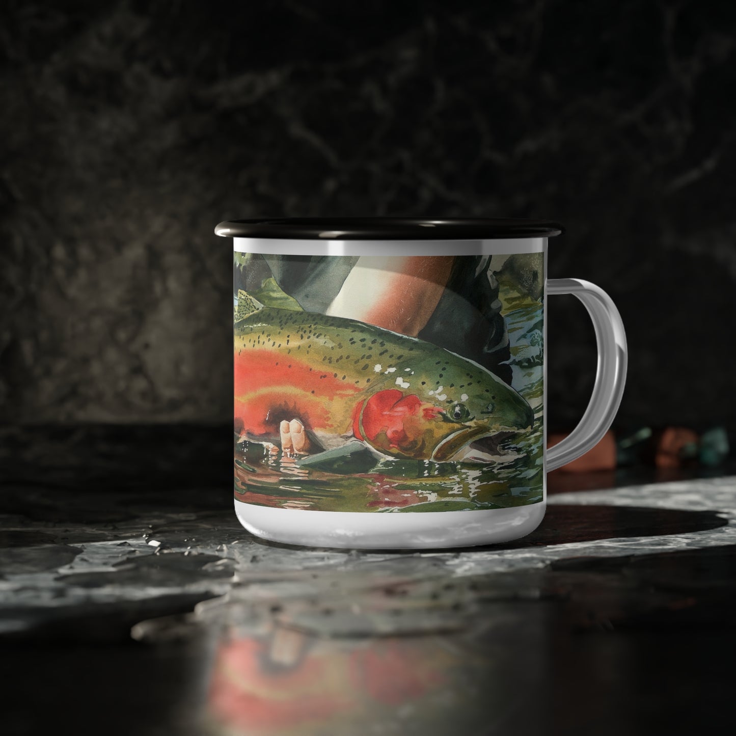 Enamel Steel 12 0z. Camp Cup - "Colors of the River" Steelhead Design