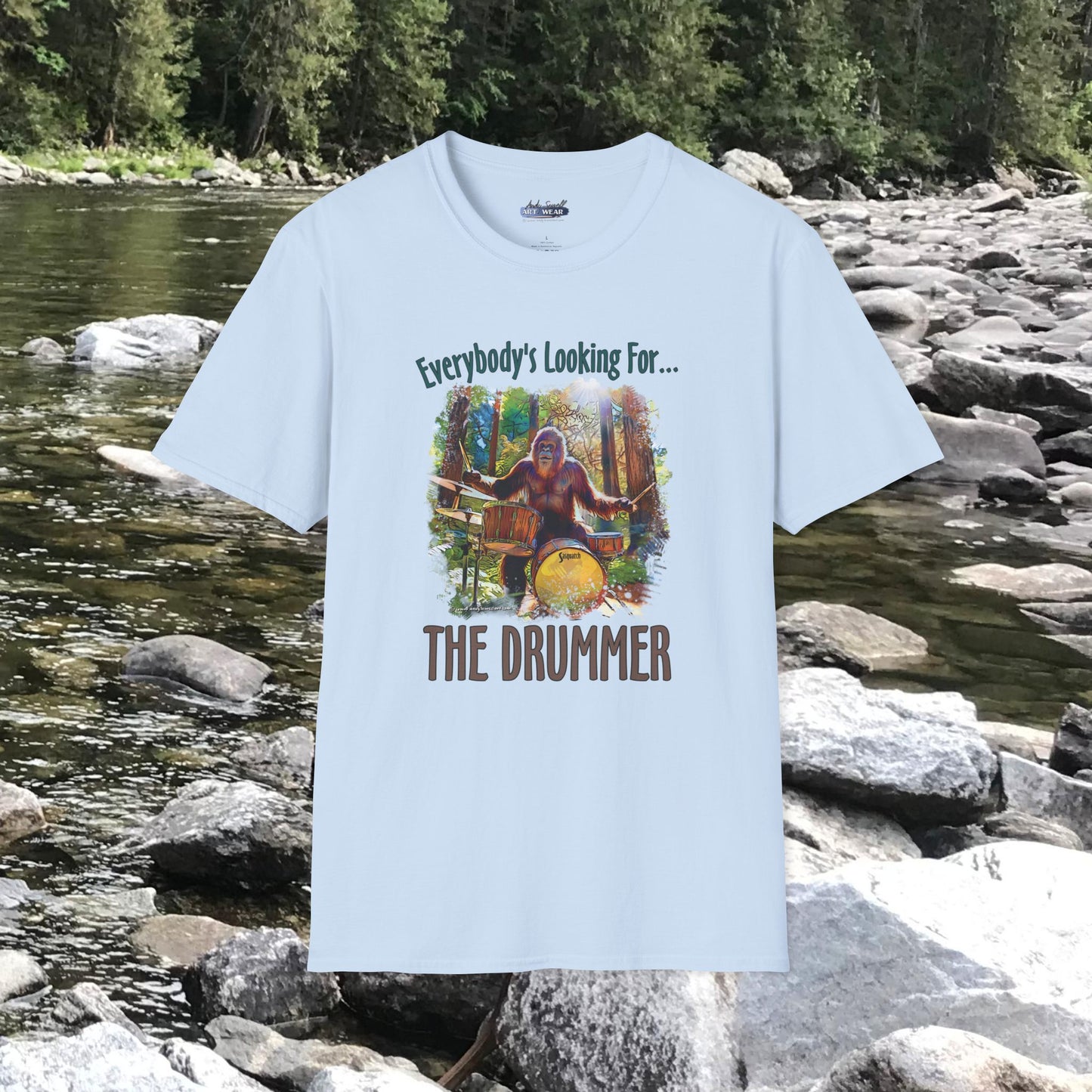 Sasquatch Drummer T-Shirt, Drumming Bigfoot Shirt, Sasquatch with Drums, gift for Bigfoot lover, gift for drummer