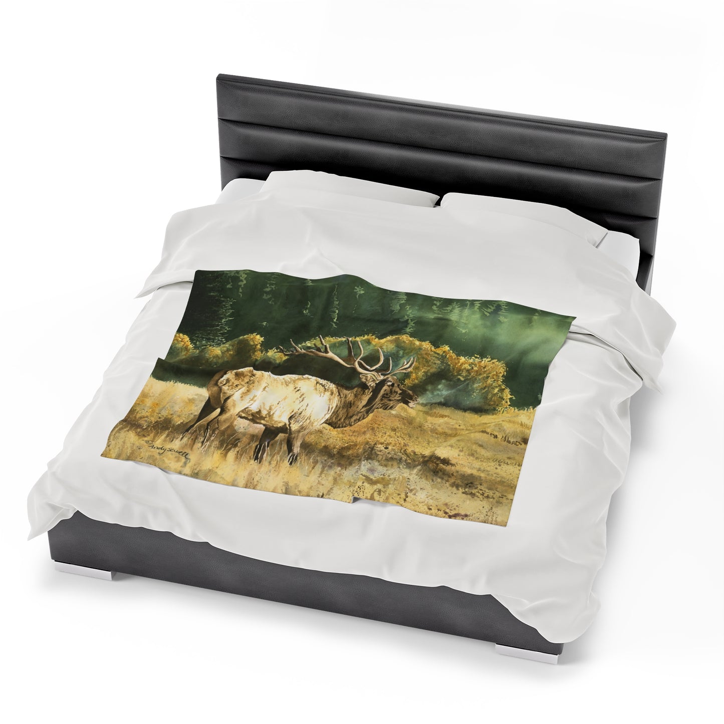Plush Blanket - Misty Morning Bull Elk Watercolor Painting