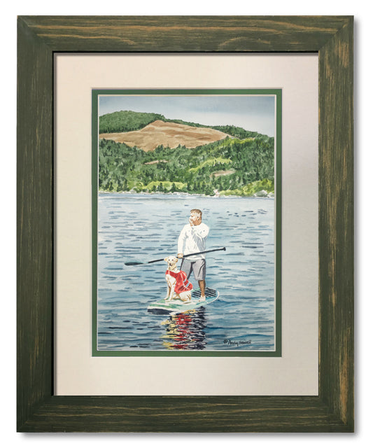 "Mark and Bailey" - A Giclee reprod. watercolor painting commission of paddle boarder with Dog on a Lake - Andy Sewell