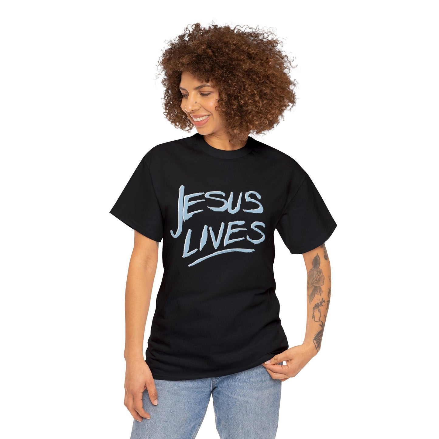 "Jesus Lives" T-shirt on front.