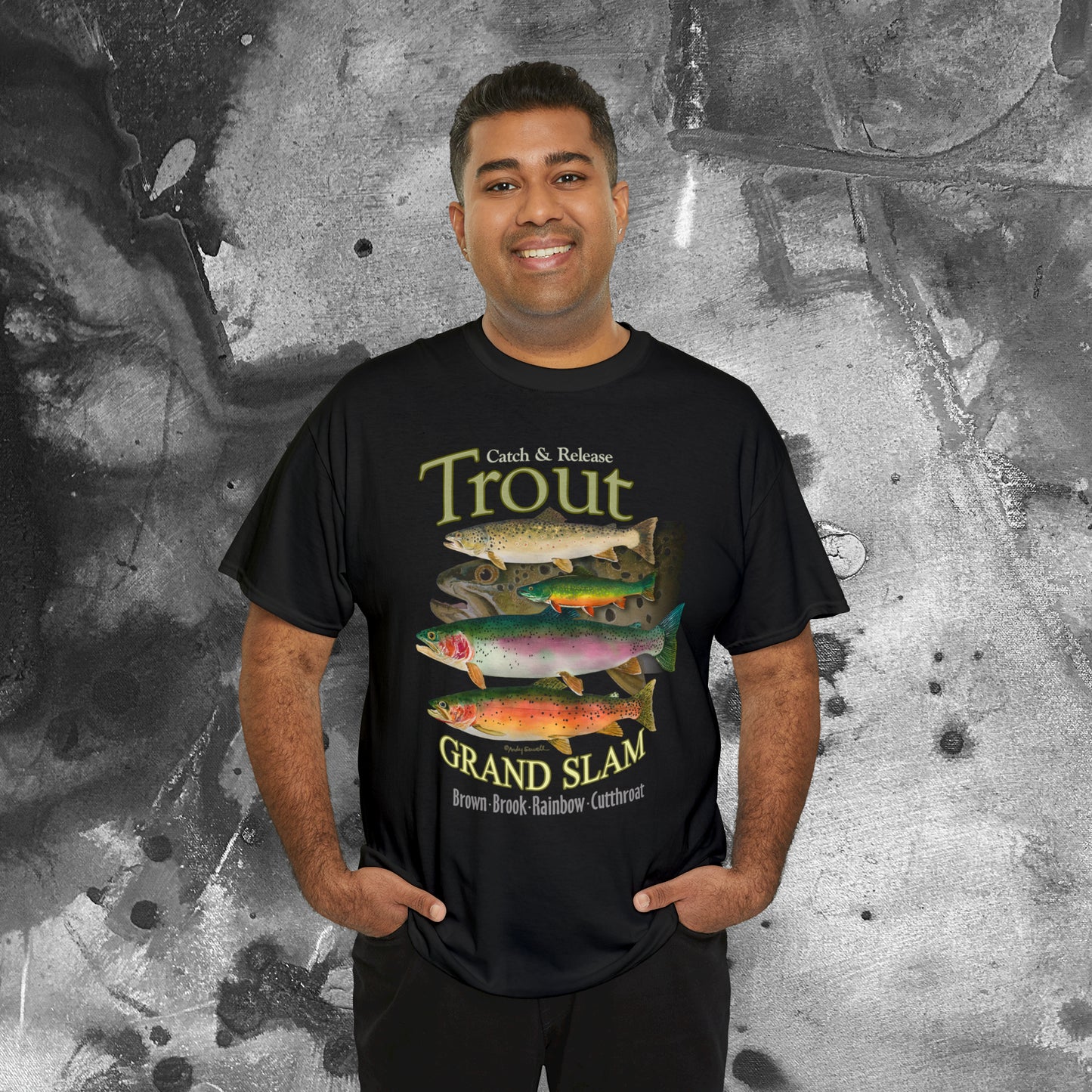 "Trout Grand Slam" on dark shirt. Unisex 100% Heavy Cotton Tee