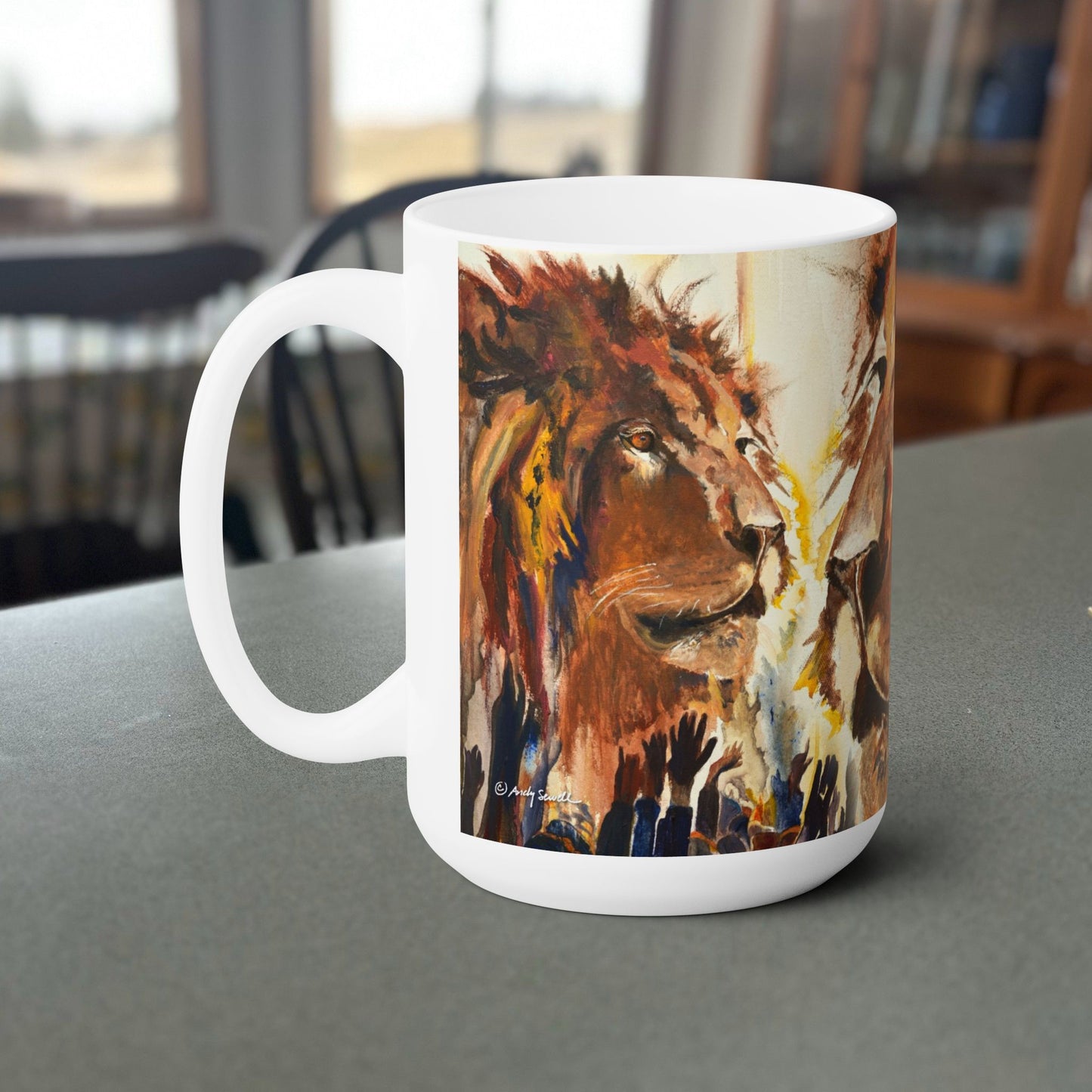 "Lion.. Gathering before the King" Andys painting on a stout 15 oz. mug, Fine Art Mug,