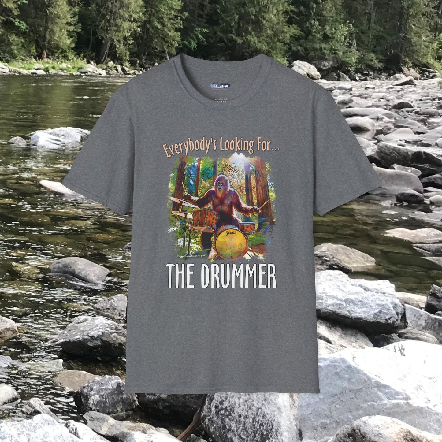 Sasquatch Drummer T-Shirt, Drumming Bigfoot Shirt, Sasquatch with Drums, gift for Bigfoot lover, gift for drummer