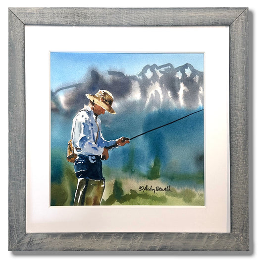 "Reeling it in" - 10x12 original watercolor framed at 12x12