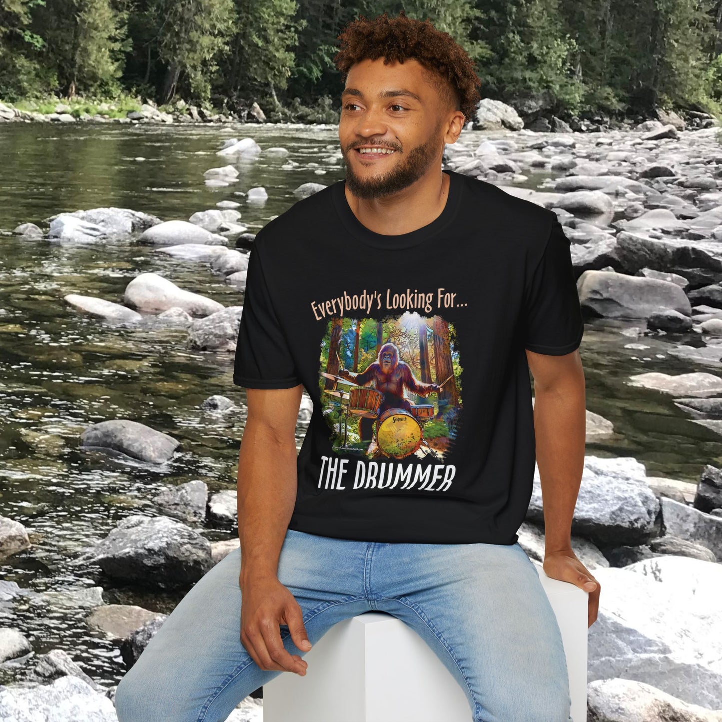 Sasquatch Drummer T-Shirt, Drumming Bigfoot Shirt, Sasquatch with Drums, gift for Bigfoot lover, gift for drummer