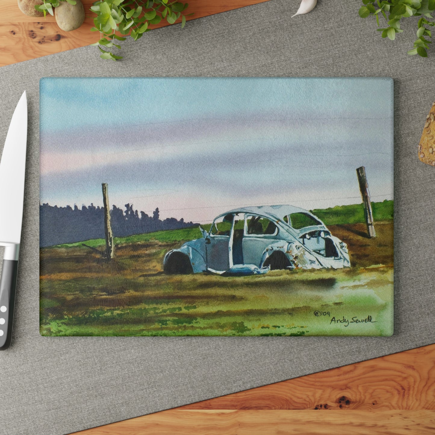 "Country Slugged Bug" watercolor on Glass Cutting Board
