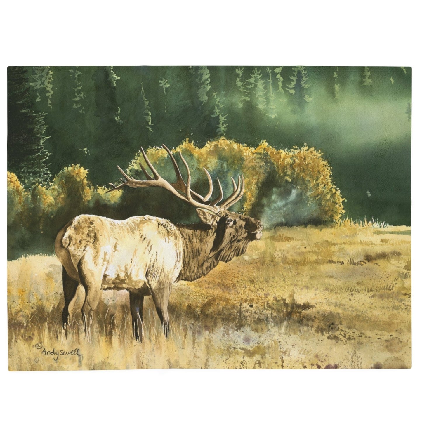 Plush Blanket - Misty Morning Bull Elk Watercolor Painting