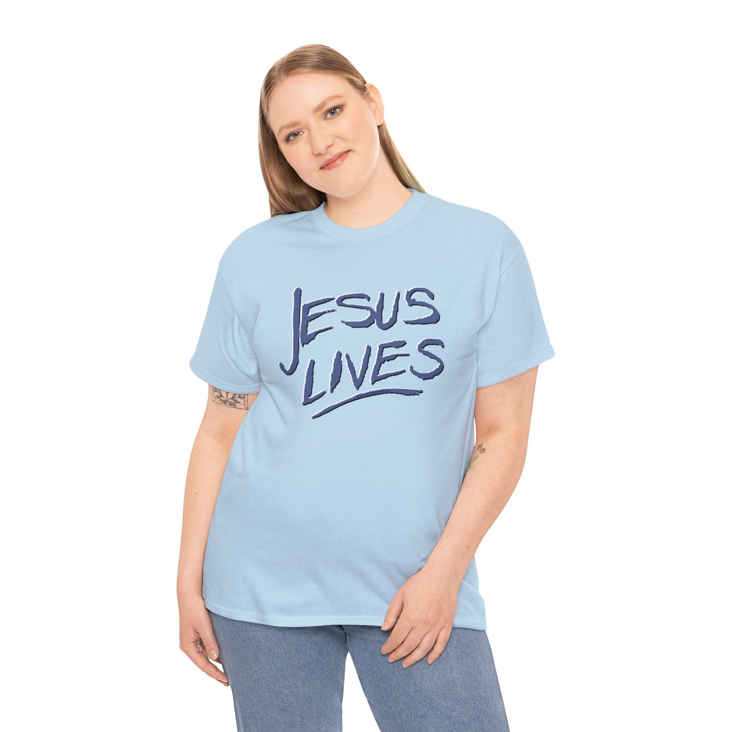 "Jesus Lives" T-shirt on front.