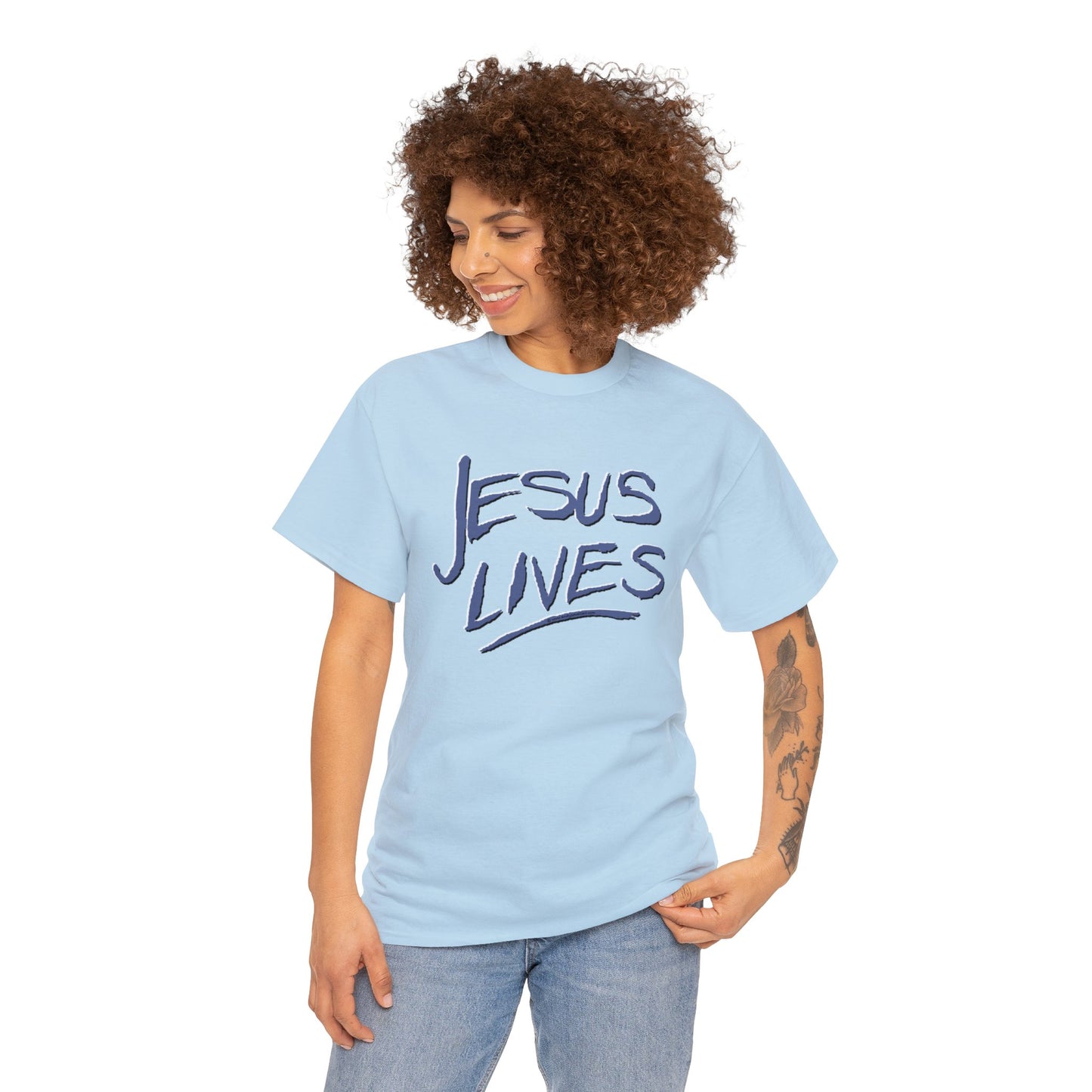 "Jesus Lives" T-shirt on front.