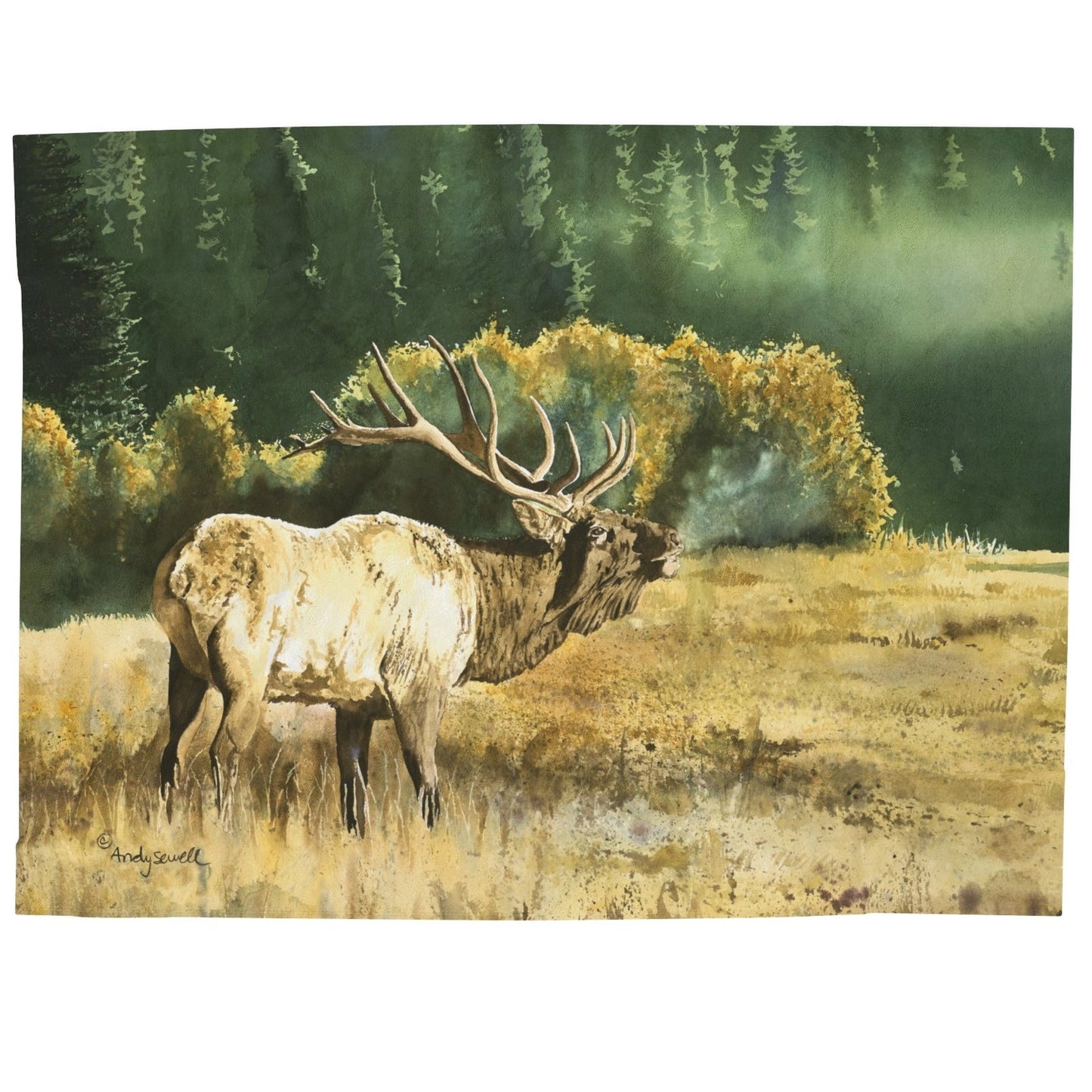 Plush Blanket - Misty Morning Bull Elk Watercolor Painting