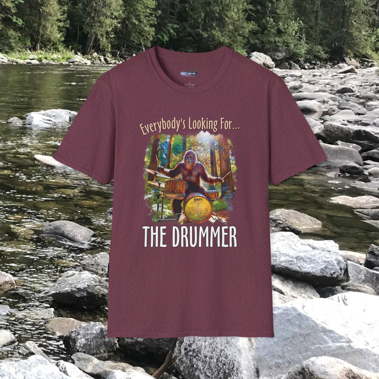 Sasquatch Drummer T-Shirt, Drumming Bigfoot Shirt, Sasquatch with Drums, gift for Bigfoot lover, gift for drummer