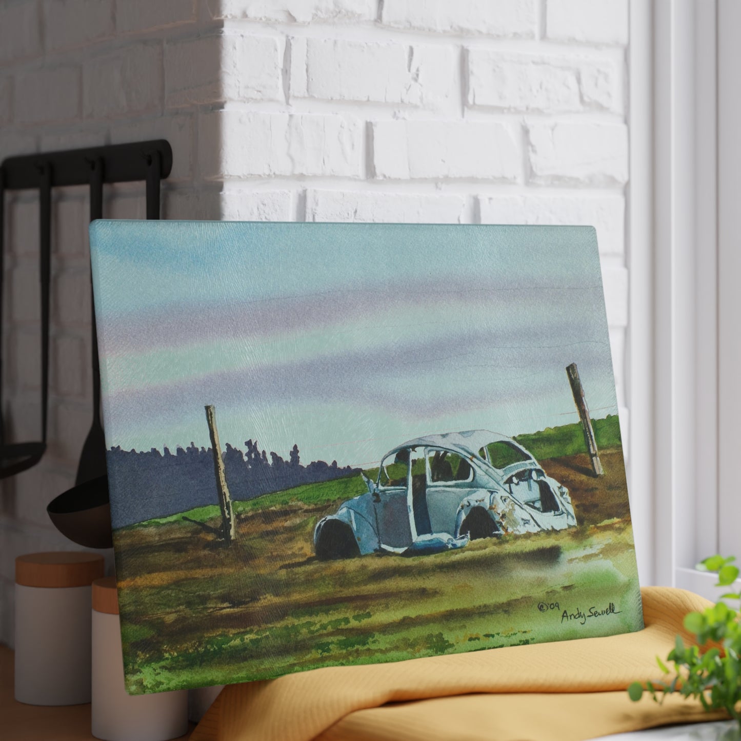 "Country Slugged Bug" watercolor on Glass Cutting Board