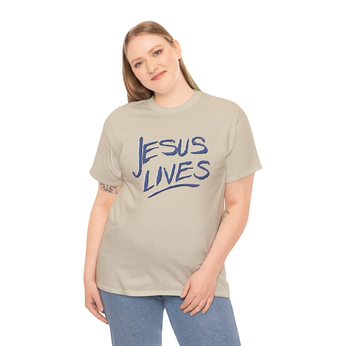 "Jesus Lives" T-shirt on front.