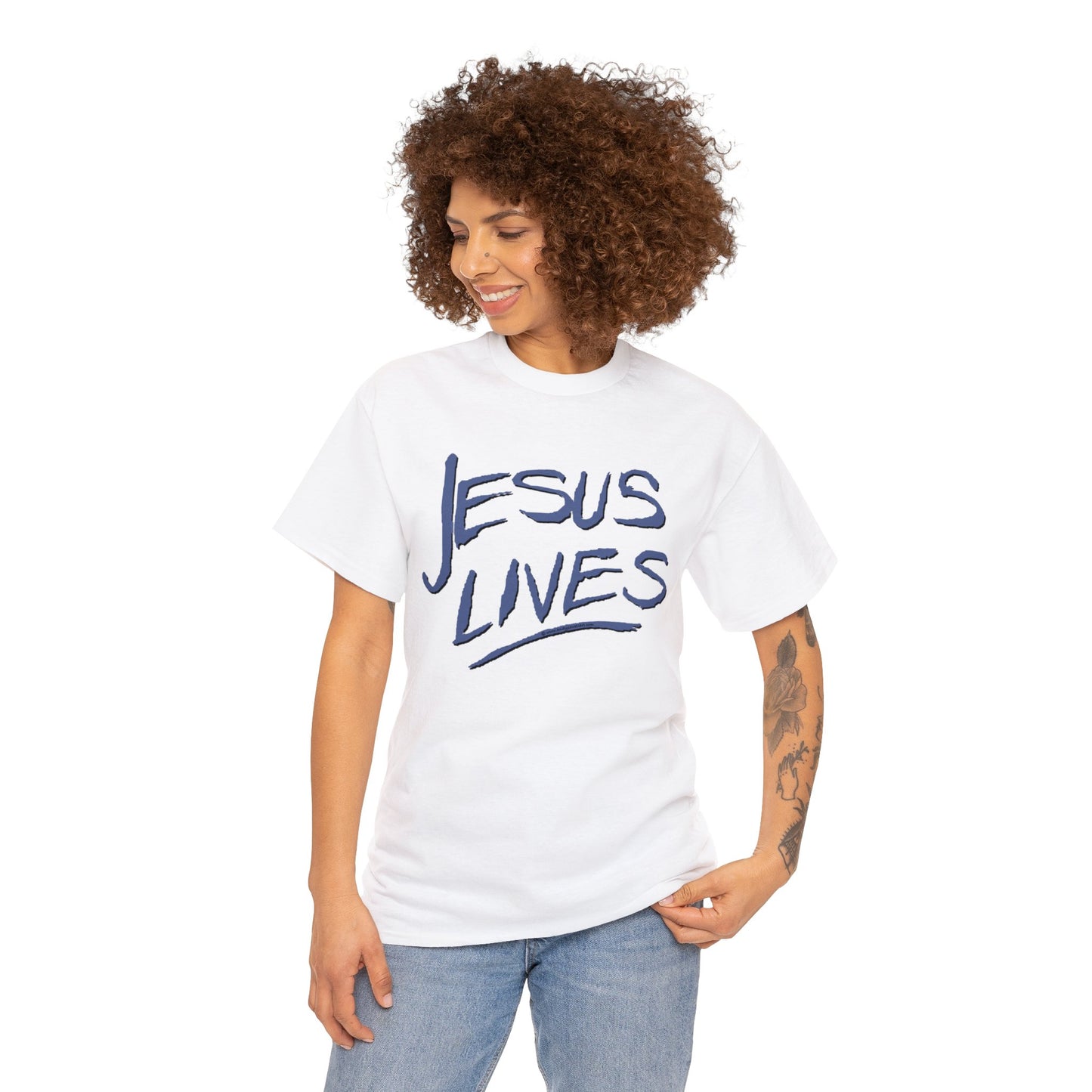 "Jesus Lives" T-shirt on front.