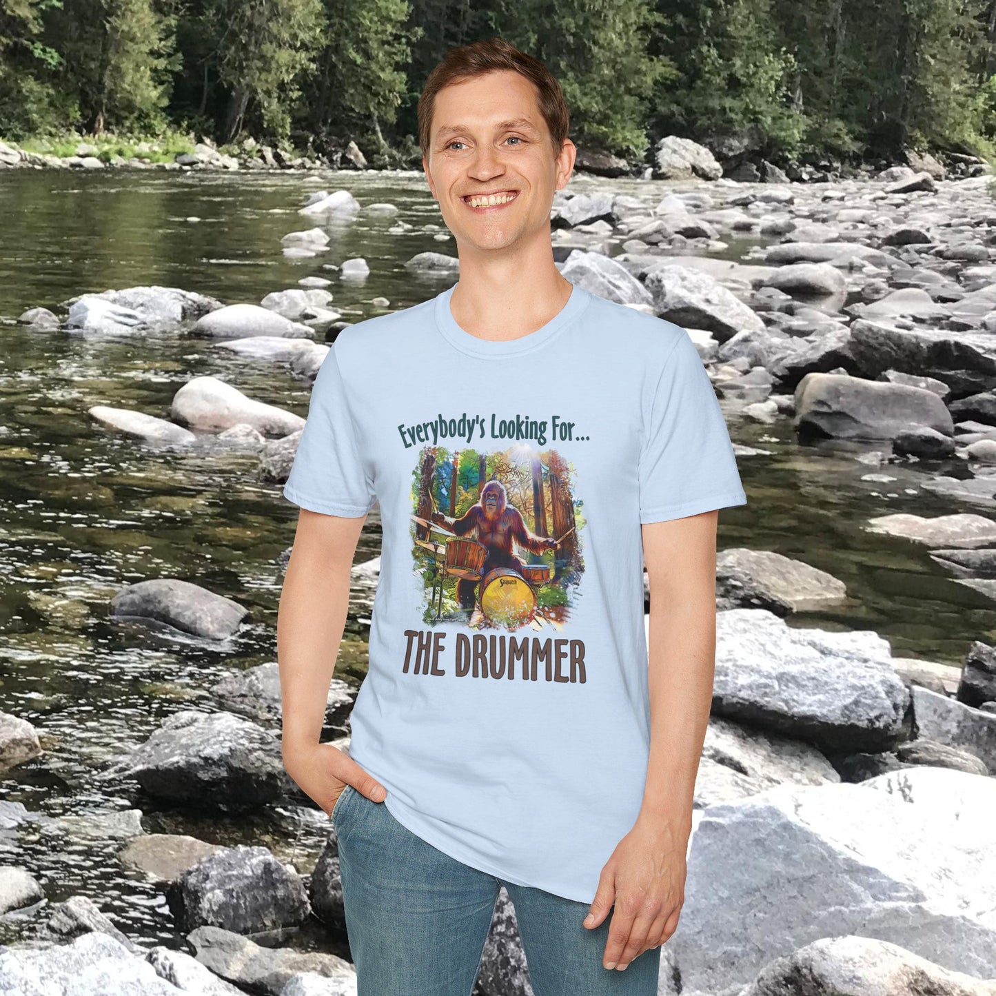 Sasquatch Drummer T-Shirt, Drumming Bigfoot Shirt, Sasquatch with Drums, gift for Bigfoot lover, gift for drummer