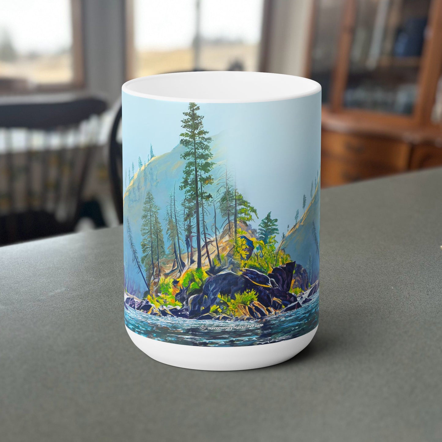 "Middlefork Wonder" Andys painting on a stout 15 oz. mug, Fine Art Mug,