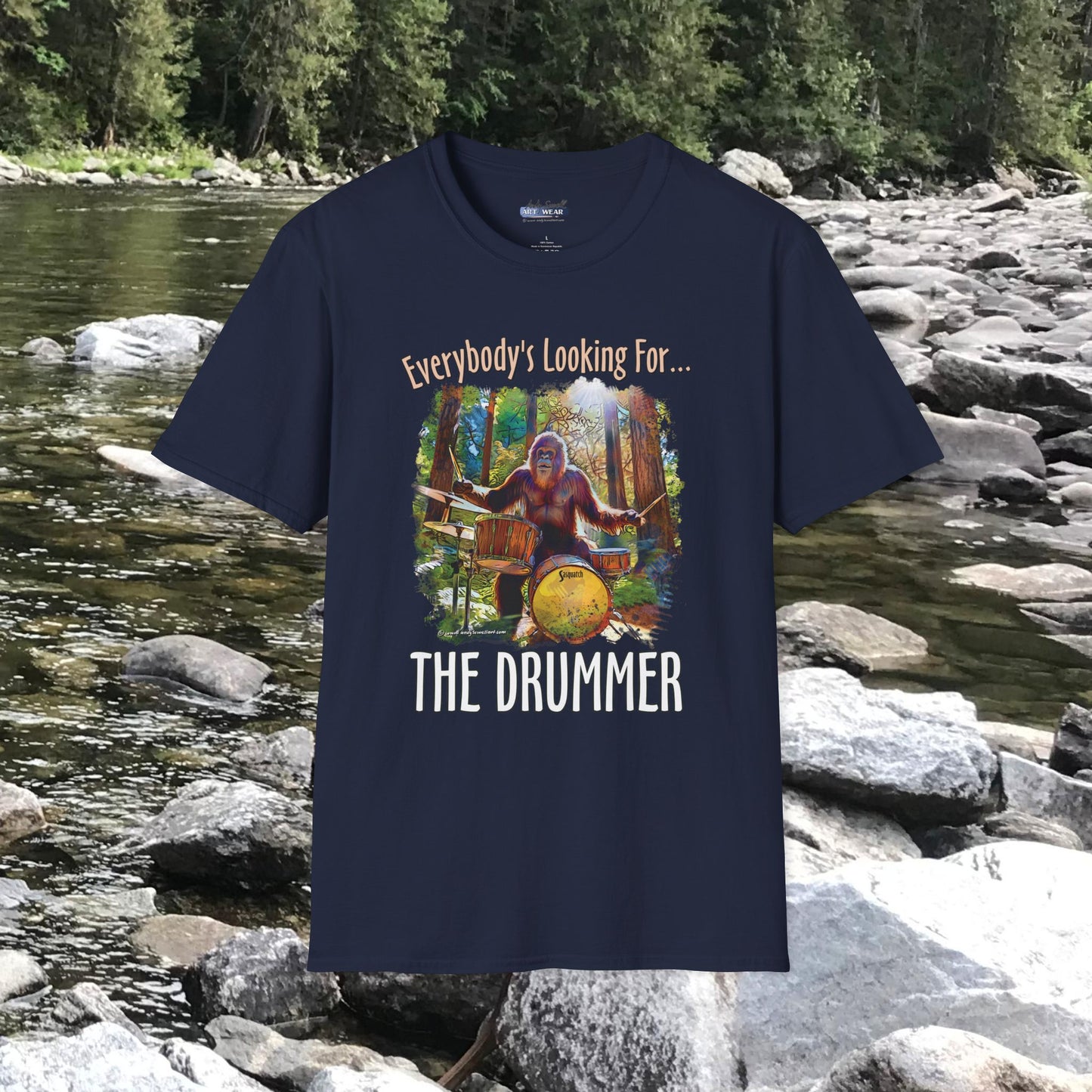 Sasquatch Drummer T-Shirt, Drumming Bigfoot Shirt, Sasquatch with Drums, gift for Bigfoot lover, gift for drummer