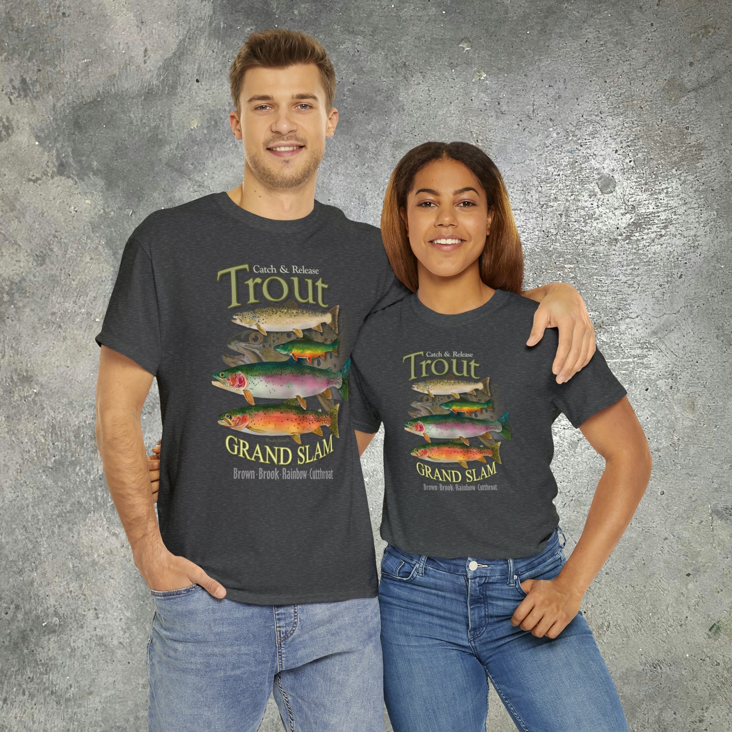 "Trout Grand Slam" on dark shirt. Unisex 100% Heavy Cotton Tee