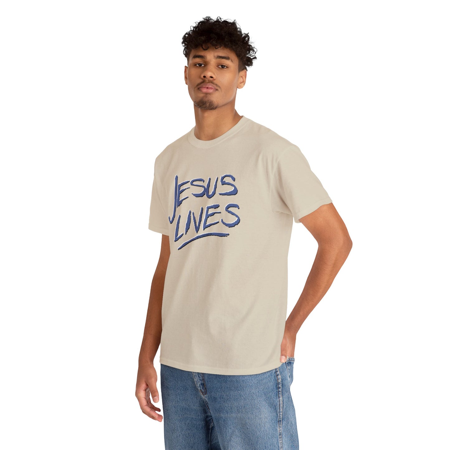 "Jesus Lives" T-shirt on front.