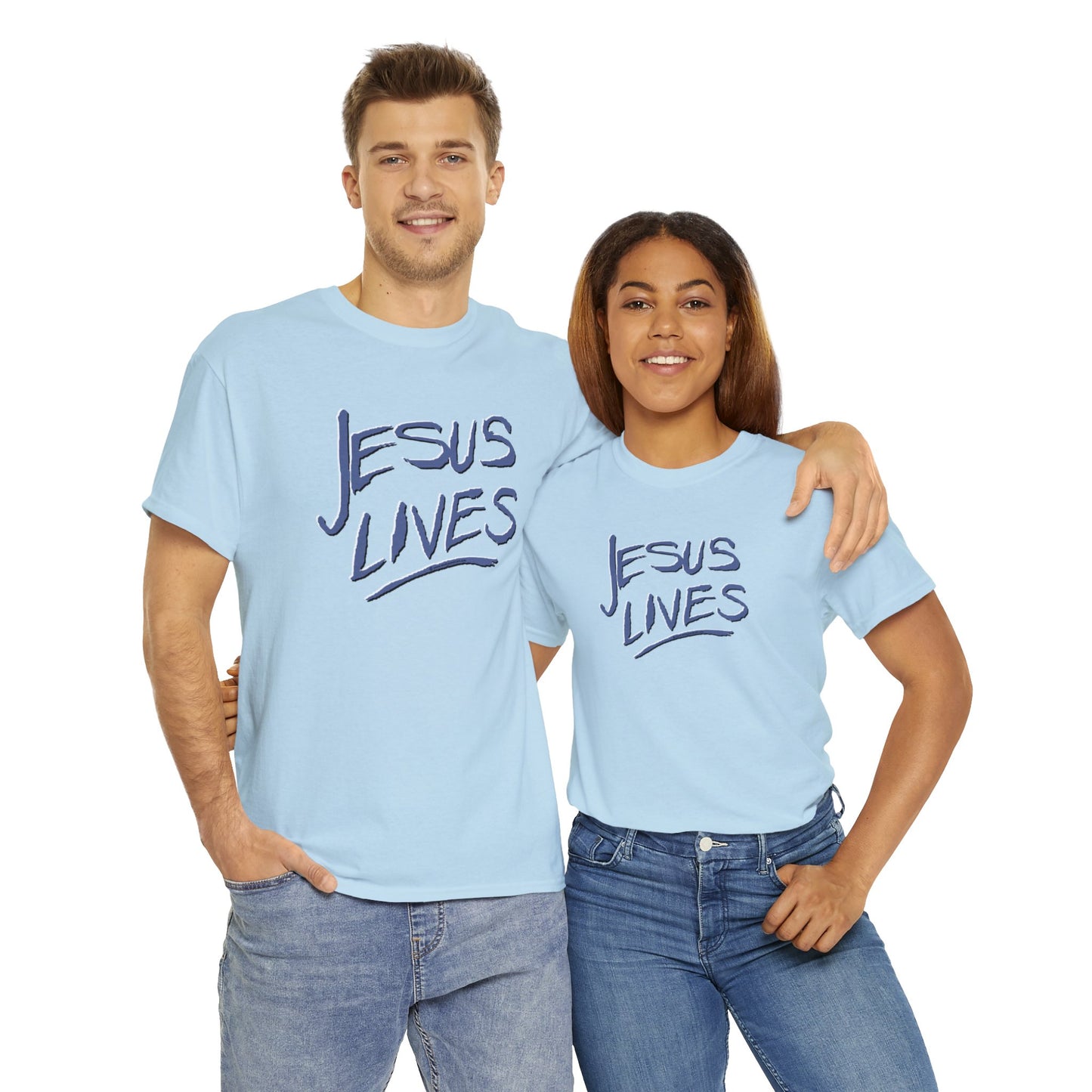 "Jesus Lives" T-shirt on front.