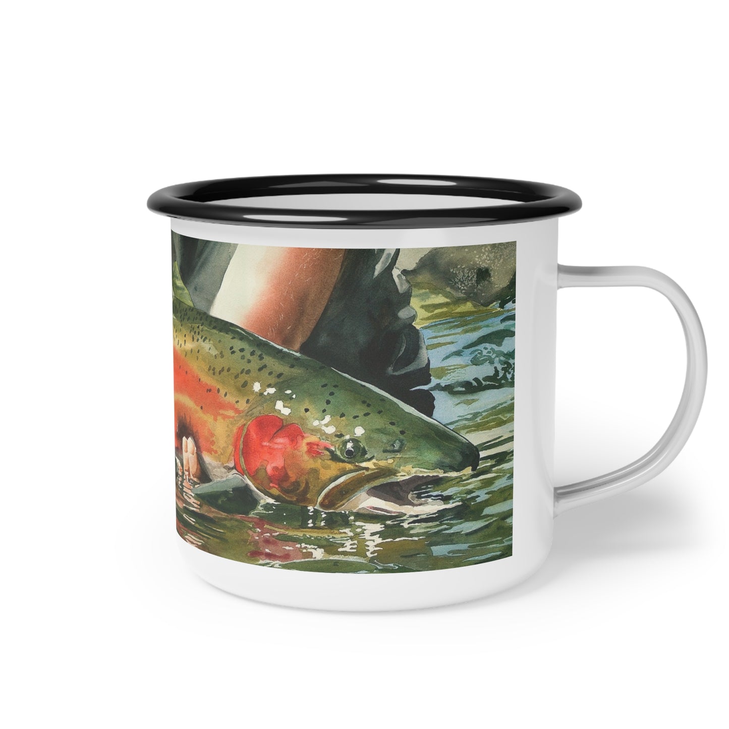 Enamel Steel 12 0z. Camp Cup - "Colors of the River" Steelhead Design