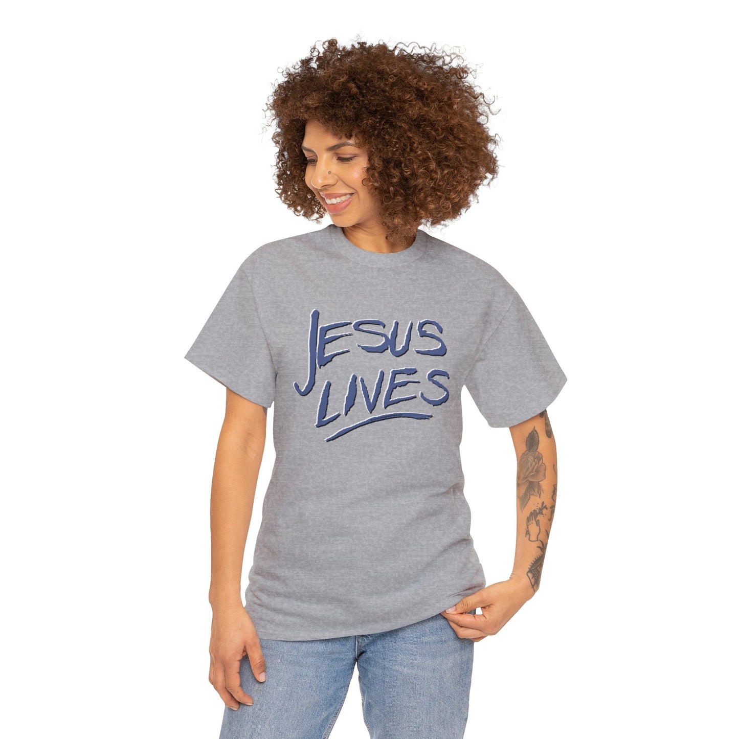 "Jesus Lives" T-shirt on front.