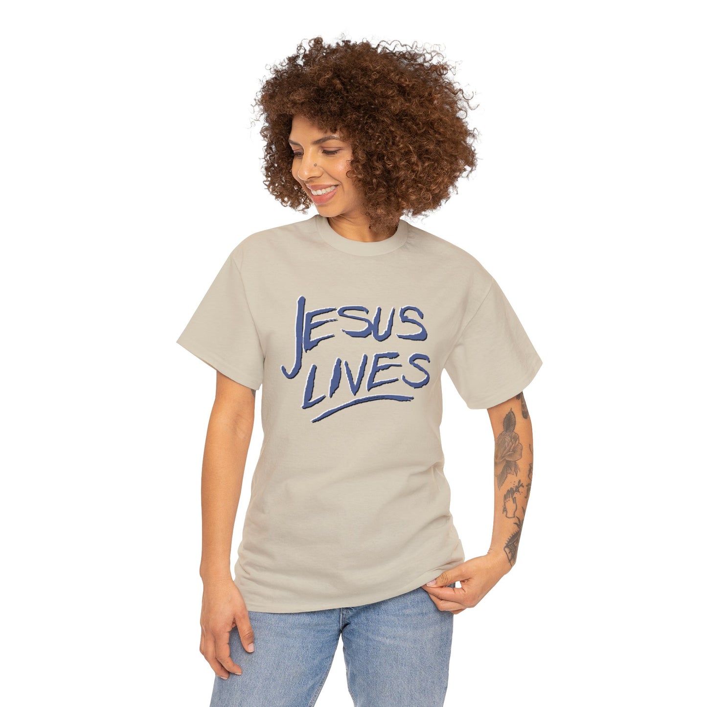 "Jesus Lives" T-shirt on front.