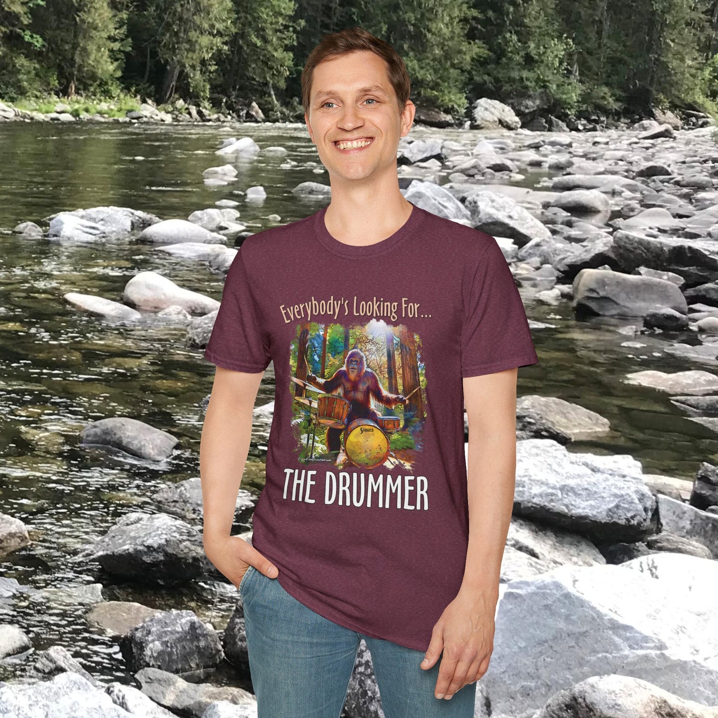 Sasquatch Drummer T-Shirt, Drumming Bigfoot Shirt, Sasquatch with Drums, gift for Bigfoot lover, gift for drummer