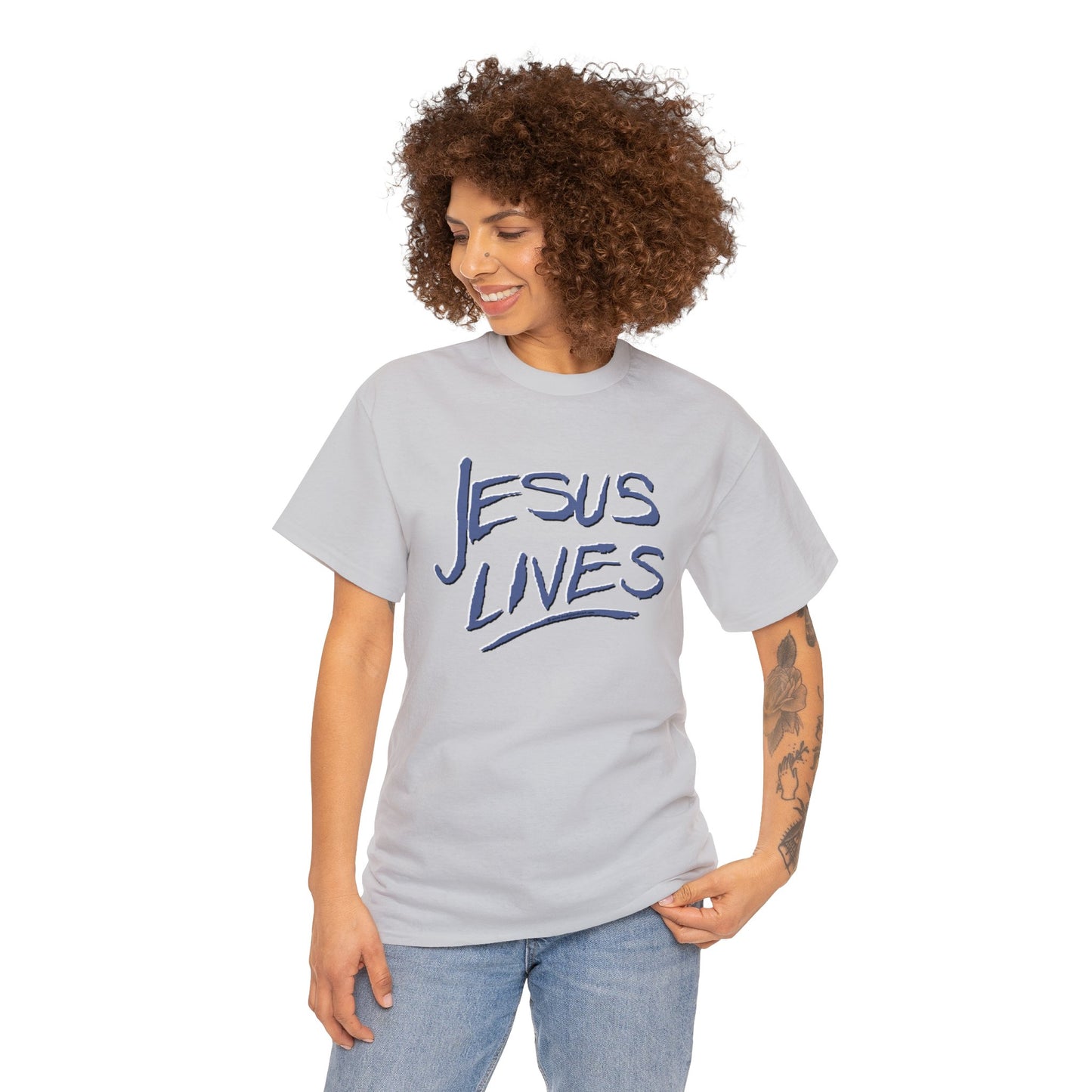 "Jesus Lives" T-shirt on front.