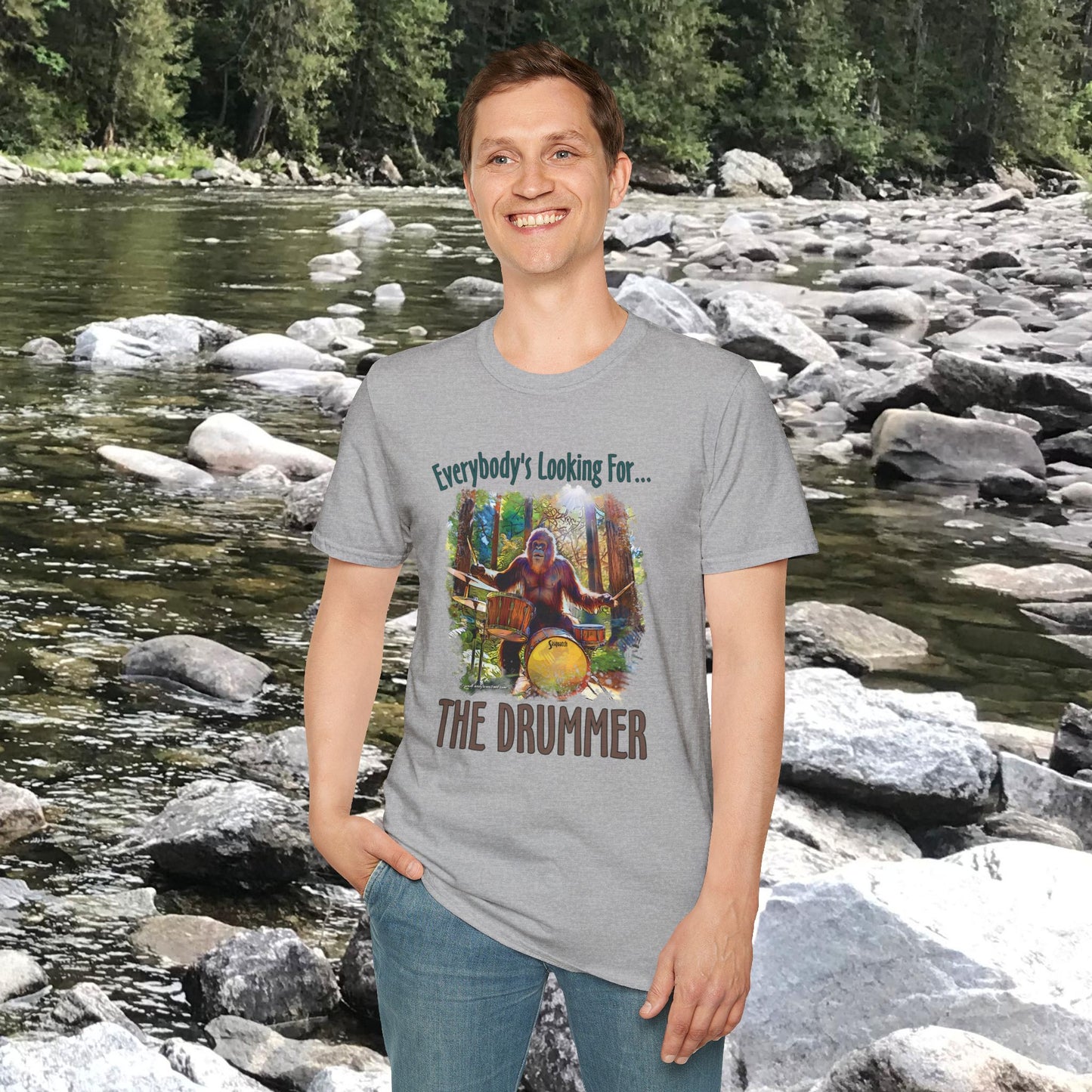Sasquatch Drummer T-Shirt, Drumming Bigfoot Shirt, Sasquatch with Drums, gift for Bigfoot lover, gift for drummer