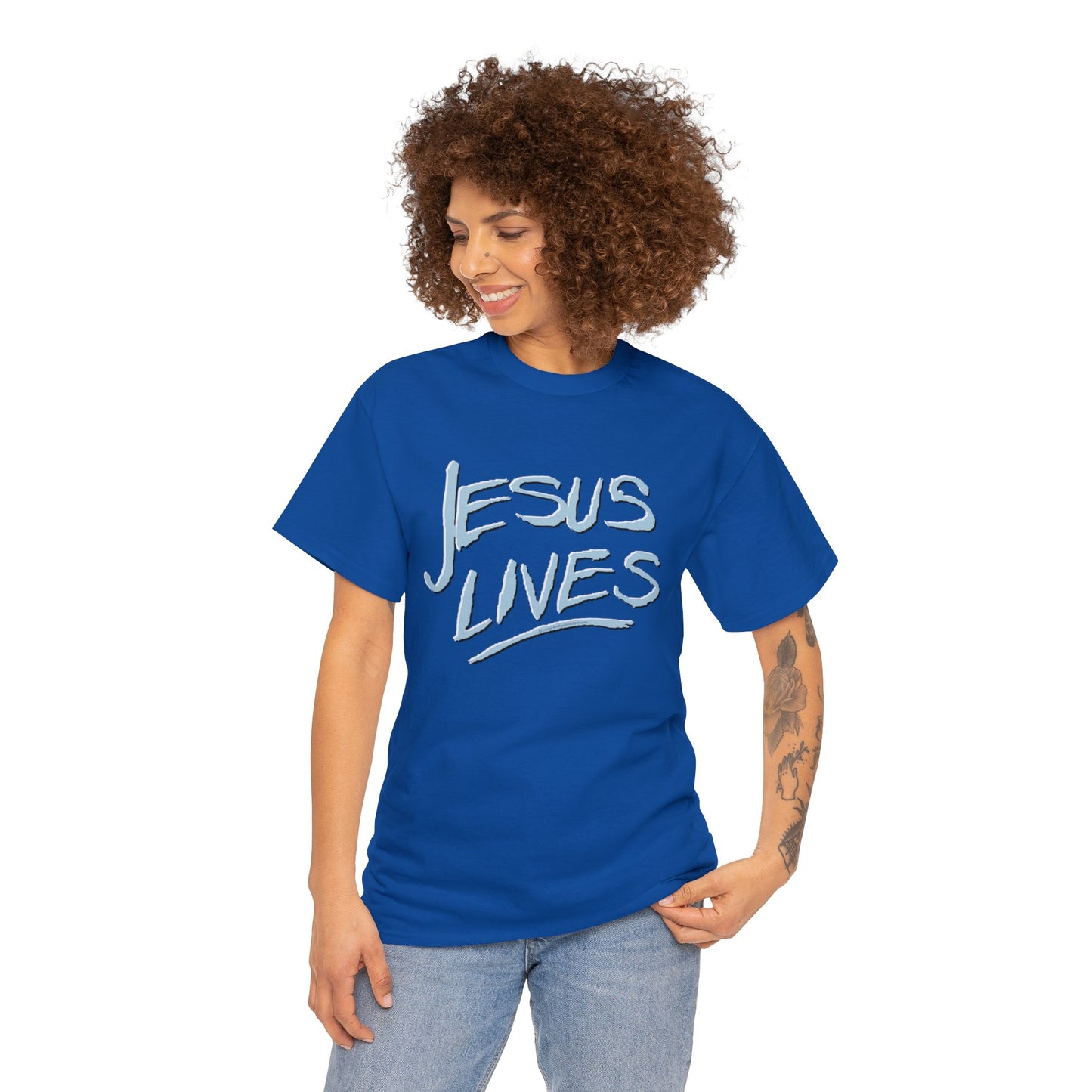 "Jesus Lives" T-shirt on front.