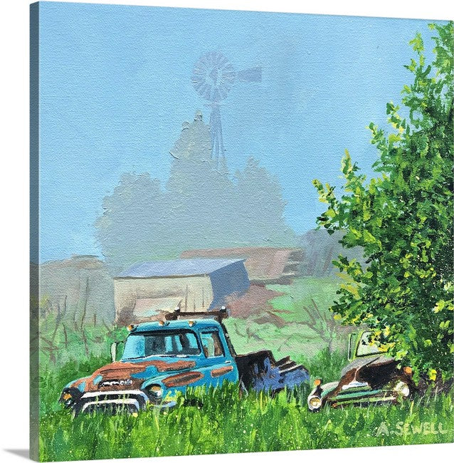 "Two Trucks in the Mist" 10x10 original oil painting or signed edition canvas or paper print