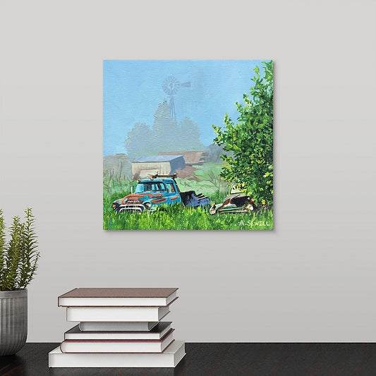 "Two Trucks in the Mist" 10x10 original oil painting or signed edition canvas or paper print