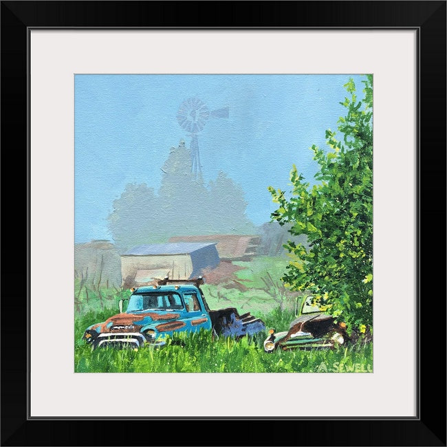 "Two Trucks in the Mist" 10x10 original oil painting or signed edition canvas or paper print