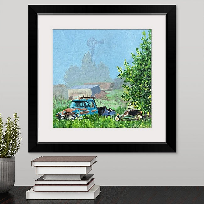 "Two Trucks in the Mist" 10x10 original oil painting or signed edition canvas or paper print