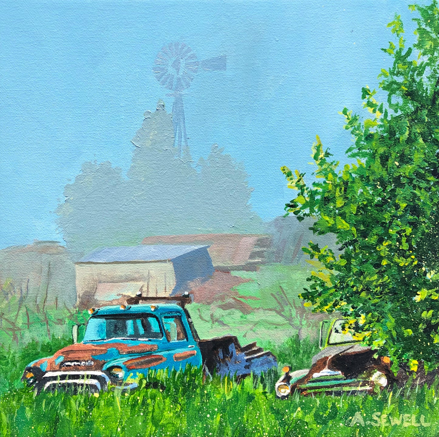 "Two Trucks in the Mist" 10x10 original oil painting or signed edition canvas or paper print