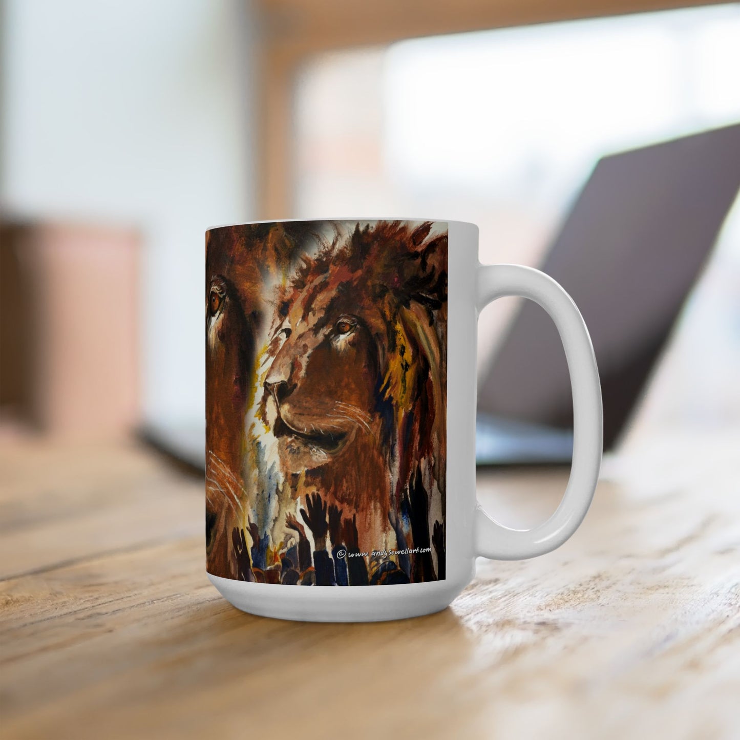 "Lion.. Gathering before the King" Andys painting on a stout 15 oz. mug, Fine Art Mug,