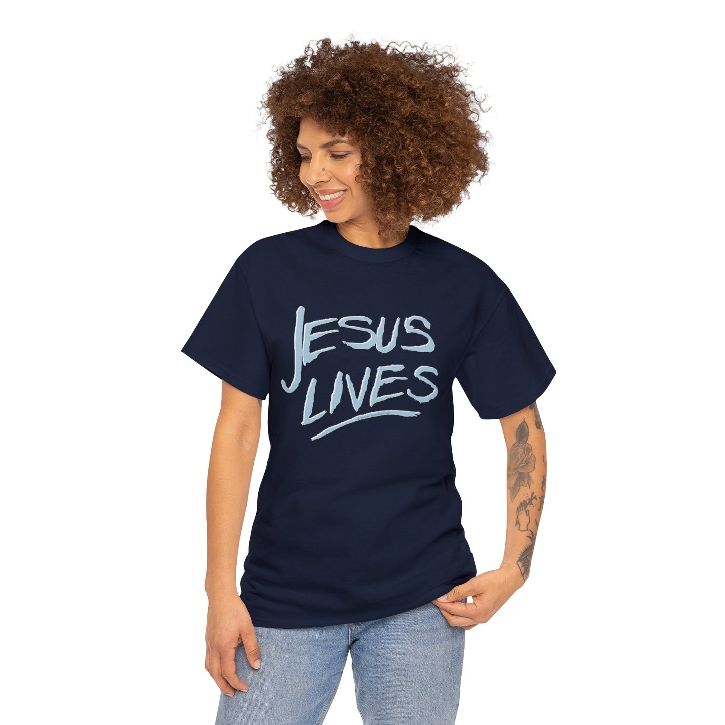 "Jesus Lives" T-shirt on front.