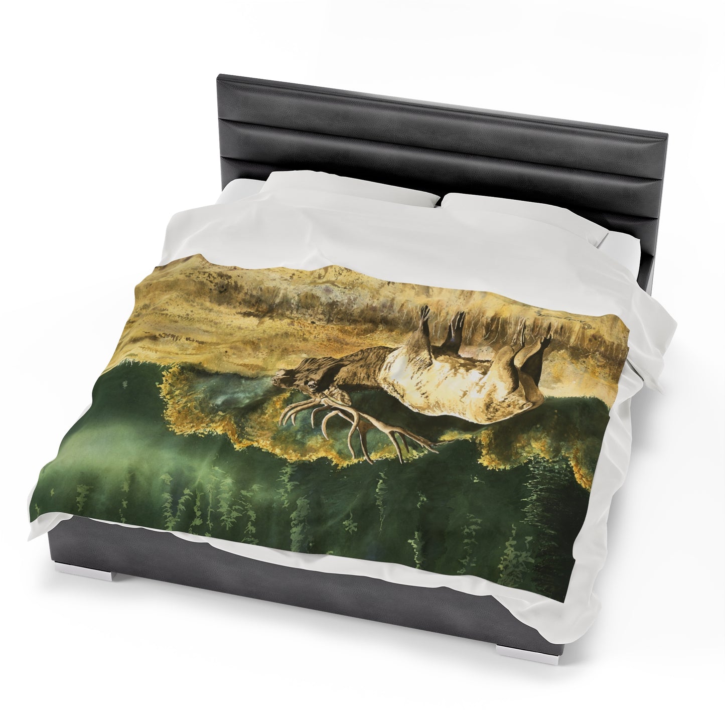 Plush Blanket - Misty Morning Bull Elk Watercolor Painting