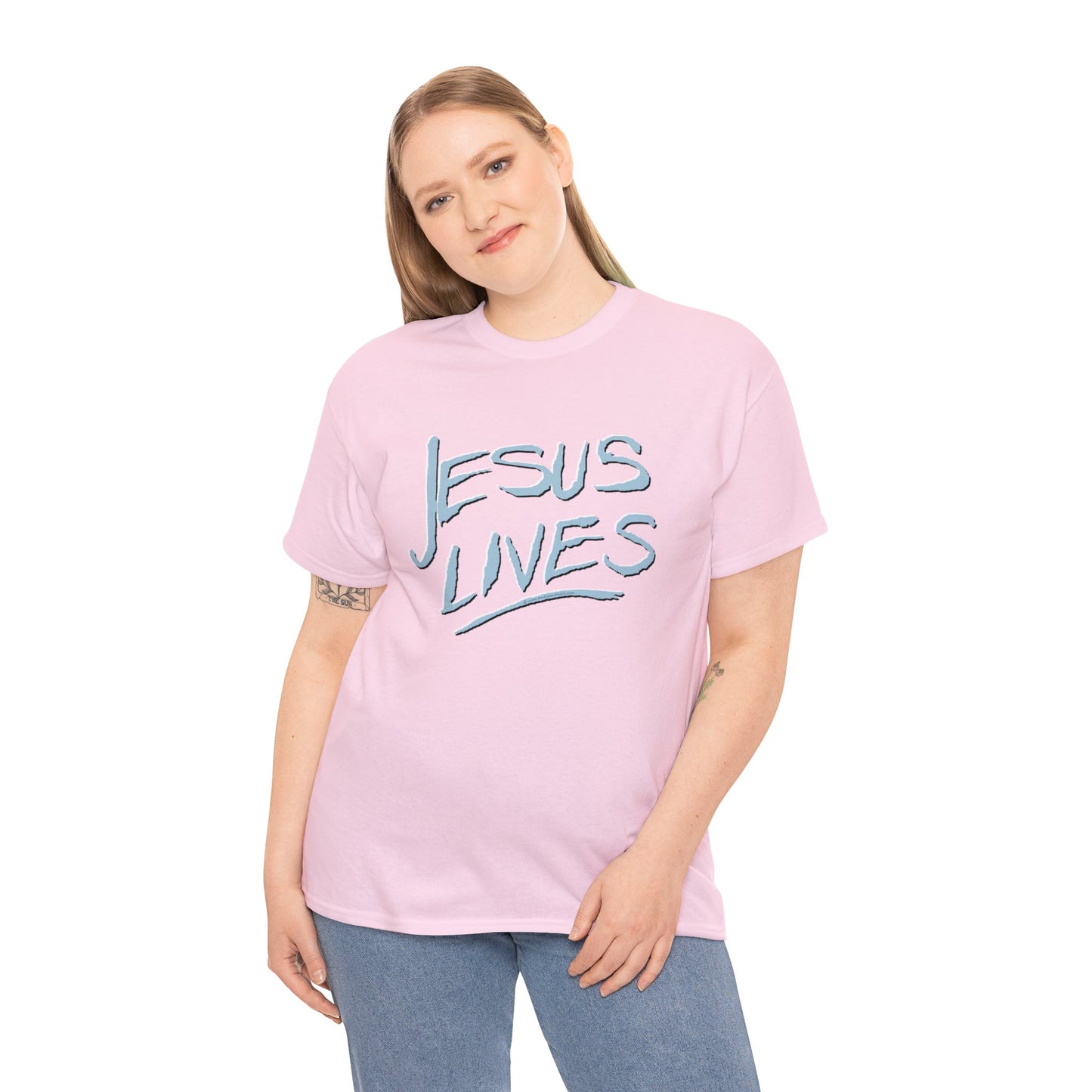 "Jesus Lives" T-shirt on front.