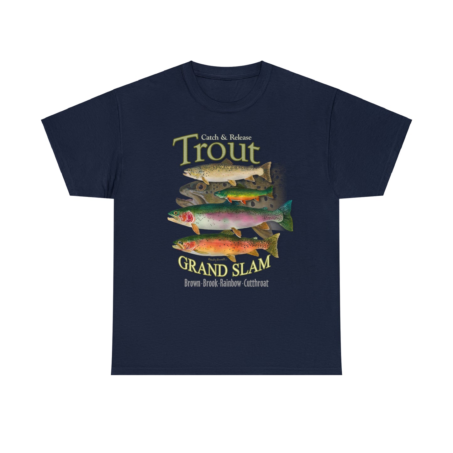 "Trout Grand Slam" on dark shirt. Unisex 100% Heavy Cotton Tee