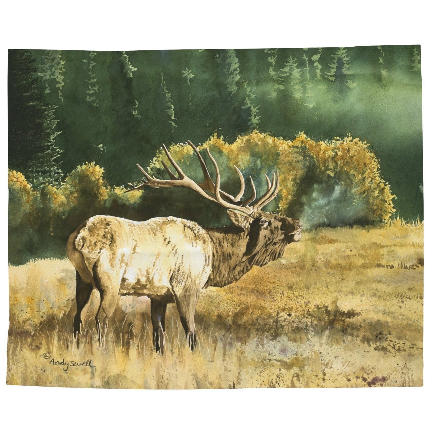 Plush Blanket - Misty Morning Bull Elk Watercolor Painting