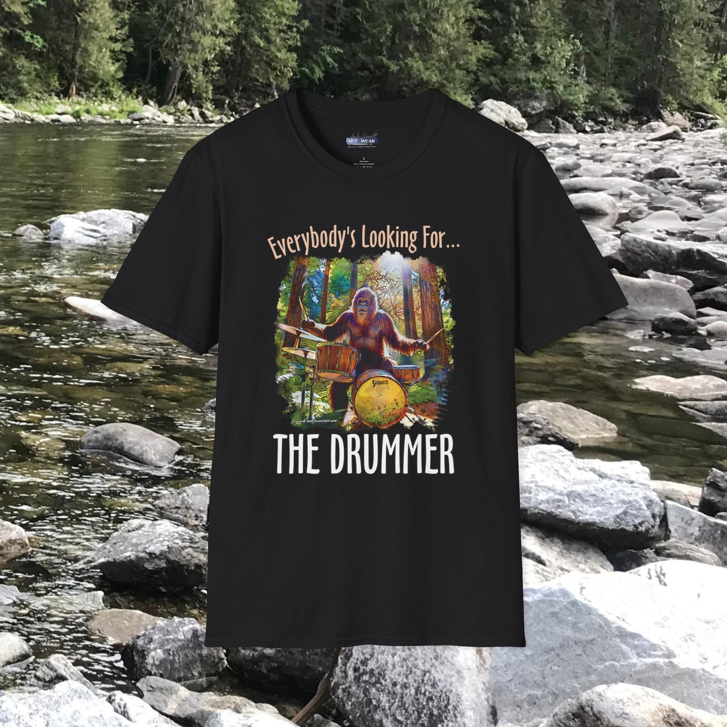 Sasquatch Drummer T-Shirt, Drumming Bigfoot Shirt, Sasquatch with Drums, gift for Bigfoot lover, gift for drummer