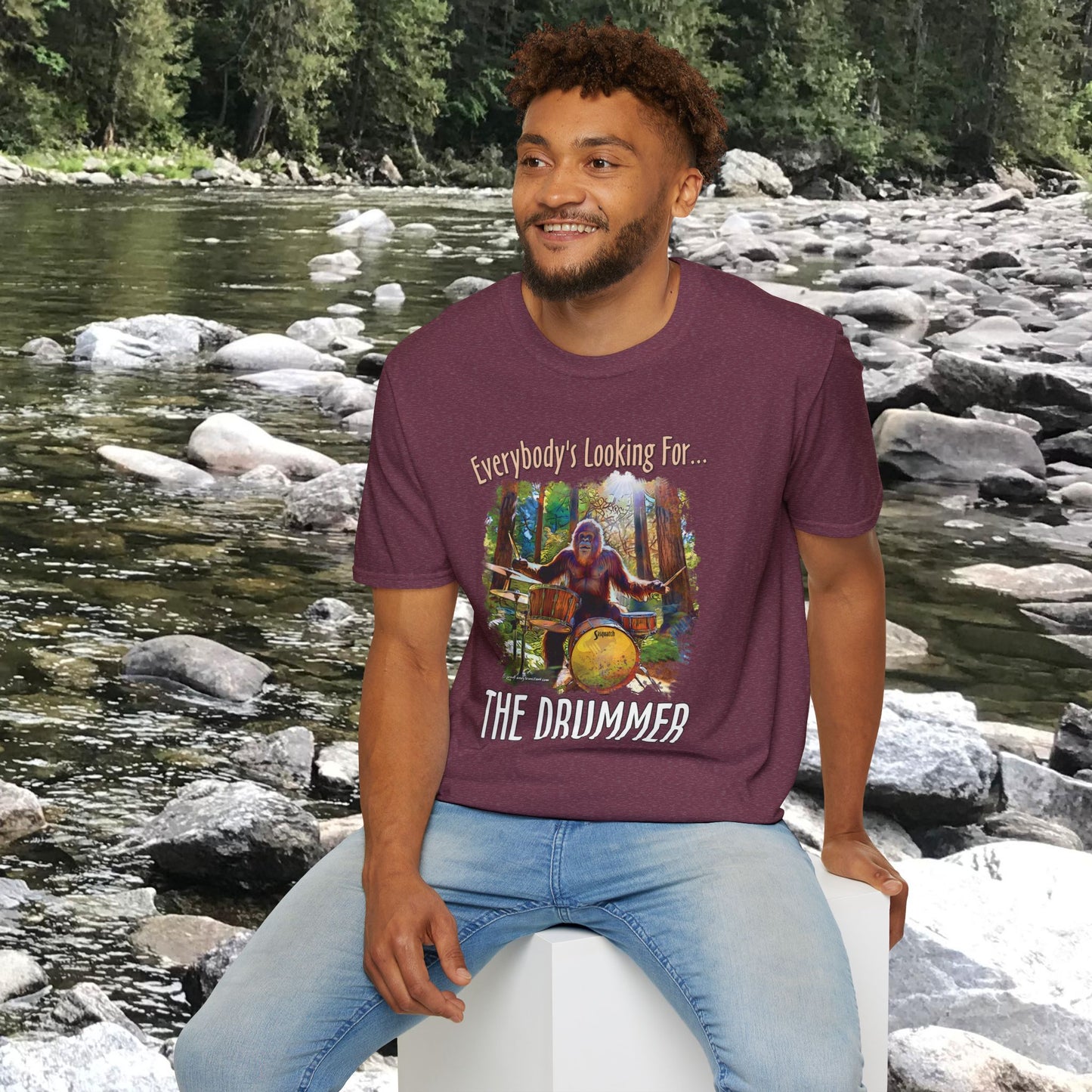 Sasquatch Drummer T-Shirt, Drumming Bigfoot Shirt, Sasquatch with Drums, gift for Bigfoot lover, gift for drummer